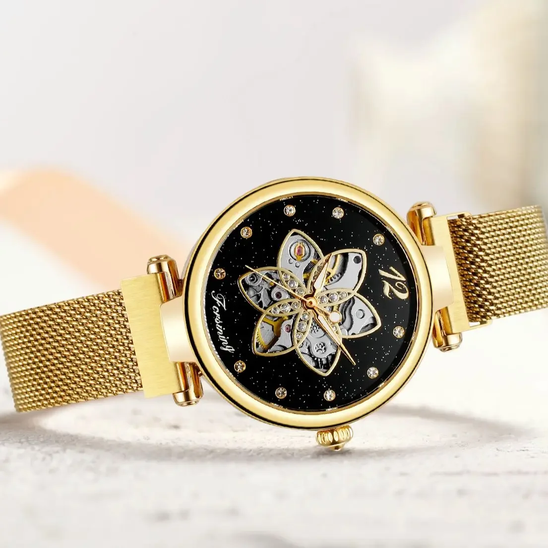 FORSINING Women Elegant  Automatic Mechanical Watch Carved Hollowed Out Design Stainless Steel Ladies Luxury Reloj Watches