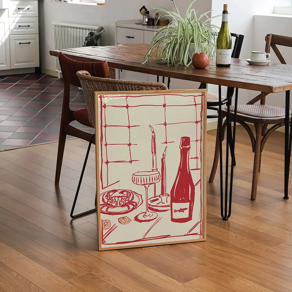 Modern Food Art For Pink Kitchen Decor Living Room Bedroom Home Red Hand Drawn Dining With Wine And Crab