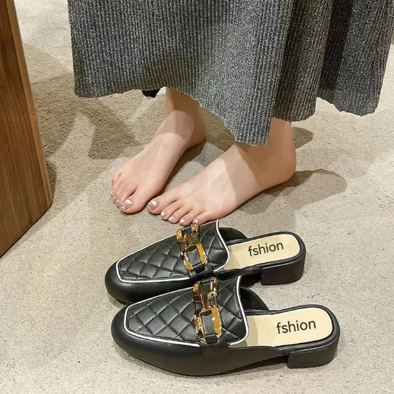 Women Baotou Slippers Summer New Low Heeled Casual Round Solid Color Anti Slip Fashionable Thick Soled Wear Resistant Slippers