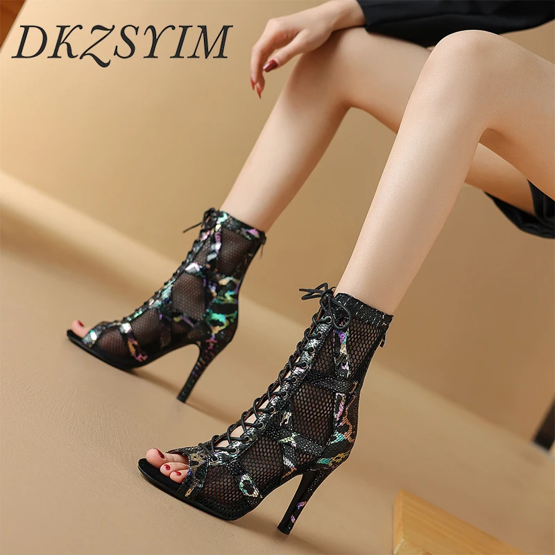 DKZSYIM Black Dance Shoes Sexy Boots Ballroom Leopard Latin Shoes for Women Salsa Dancing Shoes Ladies Girls Customizable Heel