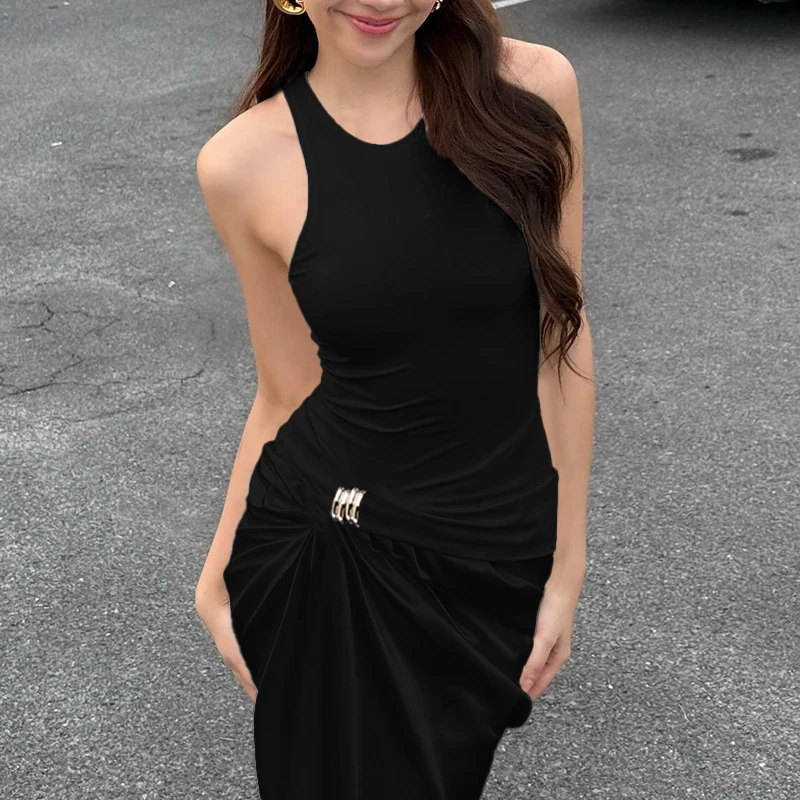 BKLD セクシーでエレガントなサテンパッチワークメタルリング装飾ノースリーブボディコンシャーリングイレギュラーマキシタンクドレス女性用パーティーウェア