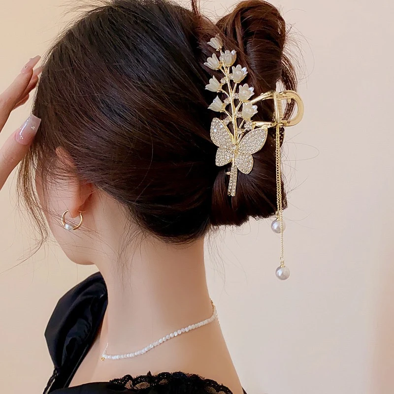 Light Luxury Rhinestone Bell Orchid Tassel Hair Clip Flowers Rose Butterfly Claw Clip Shark Hair Claw Barrette Hair Accessories