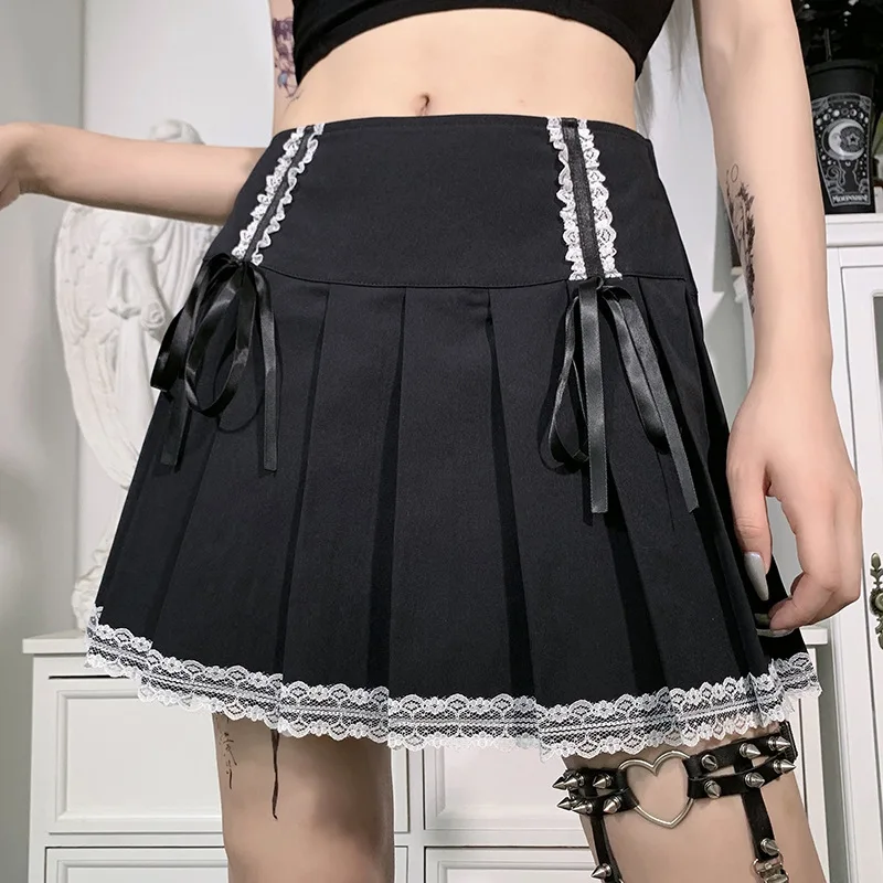 FICHOR Mall Goth Gothic Lace Ruffle Mini Skirts Womens Harajuku Fairy Grunge Pink Plaid Pleated Skirt Japanese Lolita Streetwear