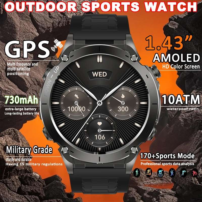 

New T-Rex 3 GPS Smart Watch 1.43" AMOLED Display 10ATM Waterproof Dual-band GNSS Compass Military Sport Smartwatch for Men with