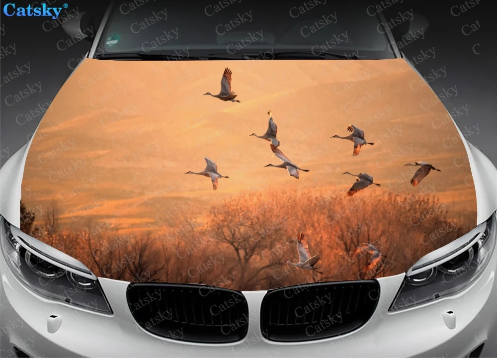 Autumn Fly Red-crowned Crane Car Hood Vinyl Stickers Wrap Film Engine Cover Decals Sticker Car Auto Accessories Decoration Gift