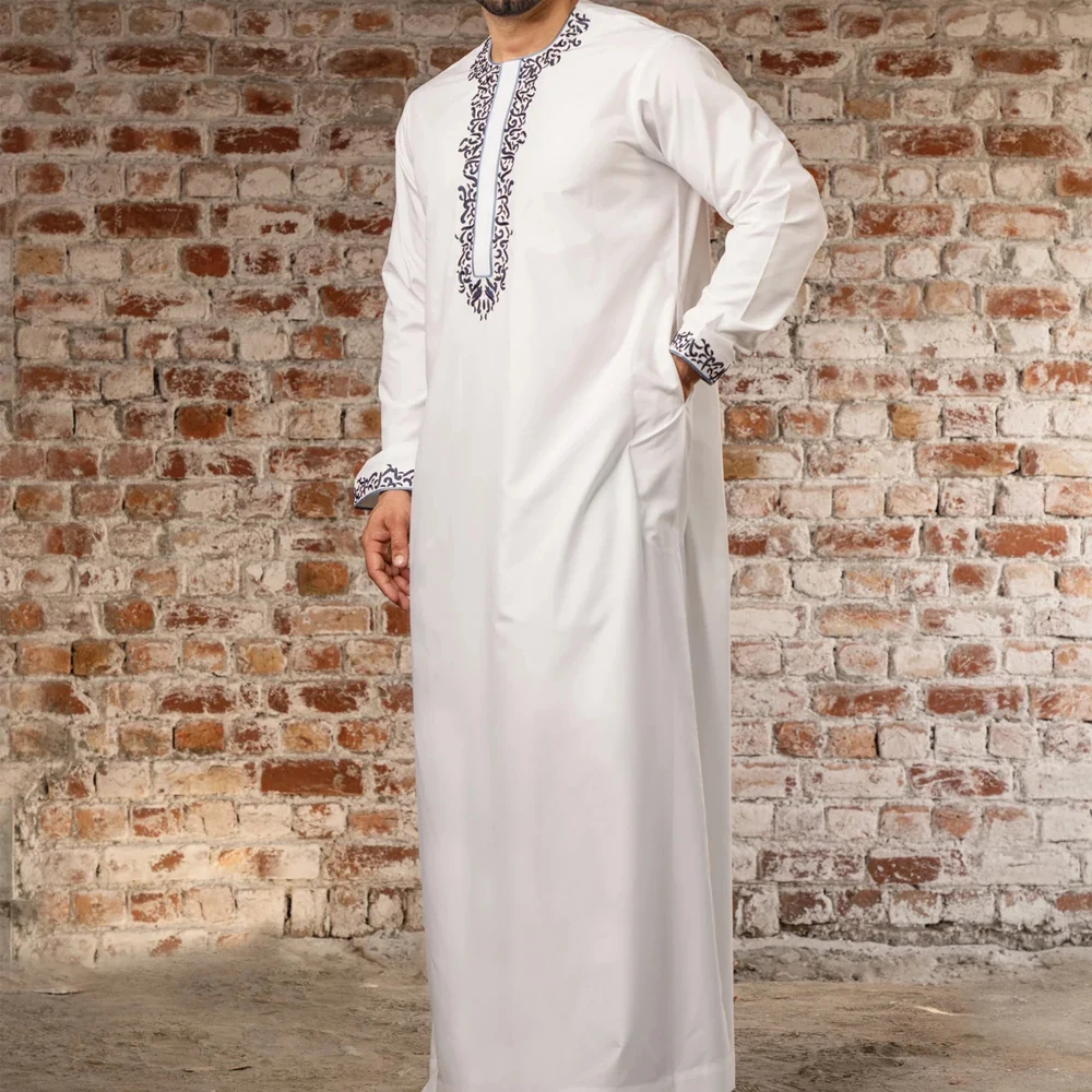 2024 New Men\'s Luxury White Muslim Moroccan Style Abaya Classic Embroidered Long Sleeve Formal Wear Islamic Arabic Thobe