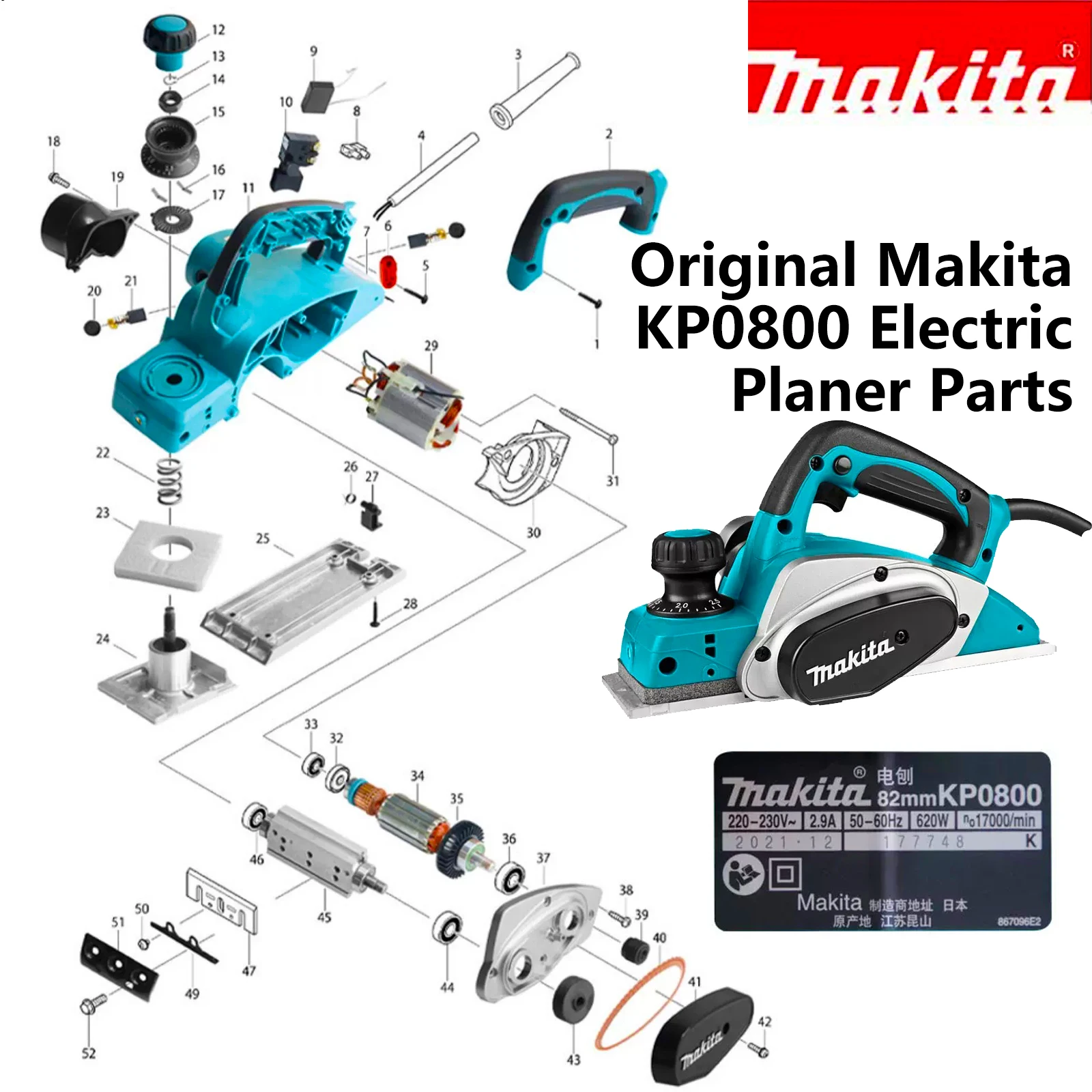 Original Makita KP0800 Electric Planer Parts Stator Kit Dust collector interface Rotor Switch Bracket assembly Base holder Linea