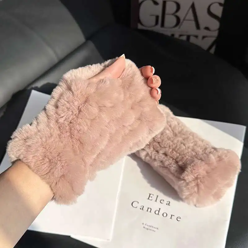 Winter Real Rex Rabbit Fur Gloves Thickened Warm Half Finger Gloves Elastic Genuine Fur Hand Warmer Gloves Natural Fur Gloves
