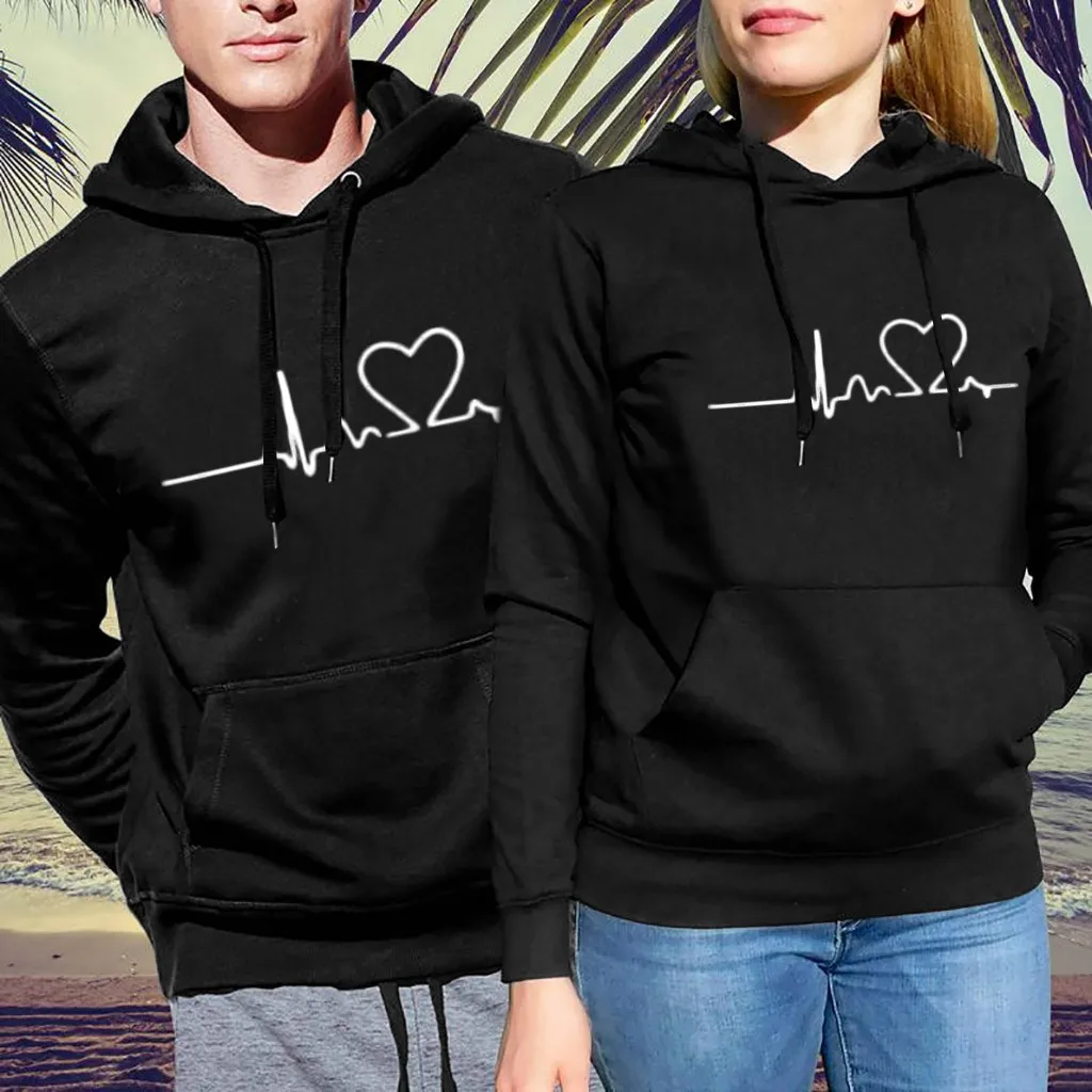 Valentine'S Day Men'S And Women'S Heart Print Hoodies Lovers Loose Pullover Hooded Sweatshirt Tops Solid Color Shirts Female