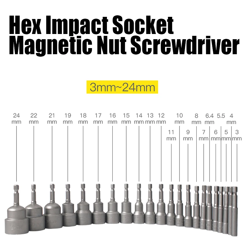 1PCS 5MM-19MM Hex Impact Socket Magnetic Nut Screwdriver Set 1/4 6.35MM Wrench Drill 65MM Long Adapter Electric Drill Socket Kit