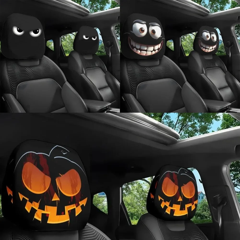 1/2PCS Smiley Face Printed Car Headrest Covers Pillowcase Soft Comfortable Washable Cartoon Funny Face Auto Seat Decoration