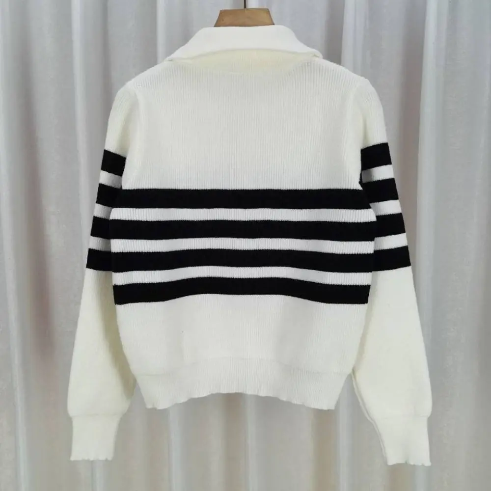 

Fashion Long Sleeve Knit Stripe Sweater Slim Fit Autumn Winter Knitted Crop Top Zipper Soft Sweet Girl's Pullover Autumn Spring