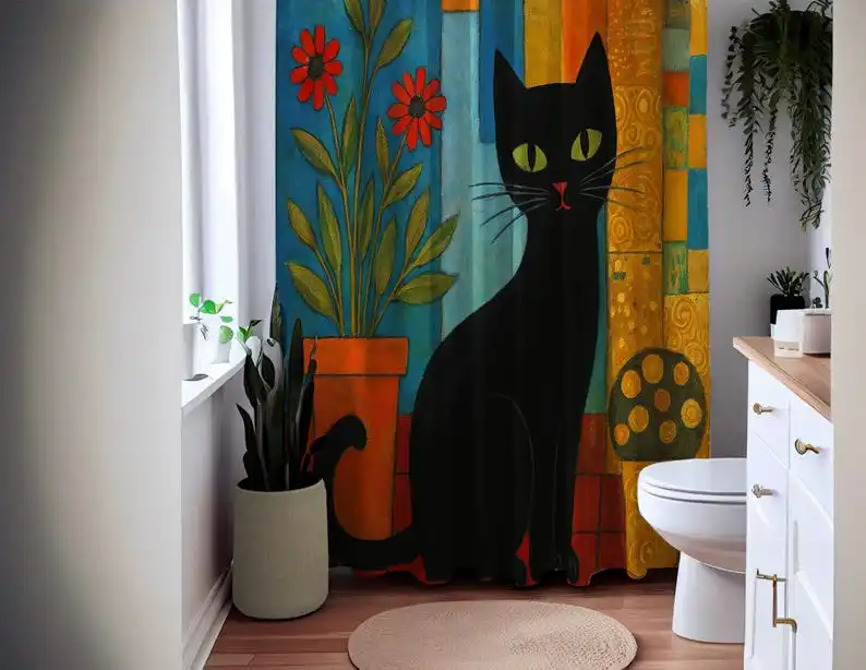 Black Cat Art Shower Curtain Style Colorful Bathroom Decor, Bold Retro Boho Vibes Artistic Cat Lover Gift Statement Wall Accent