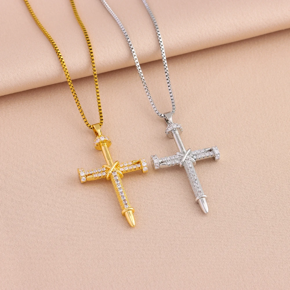 New Zircon Inlay Nail Cross Pendant Necklaces For Women Trendy Punk Style Female Stainless Steel Neck Chain Jewelry Wholesale