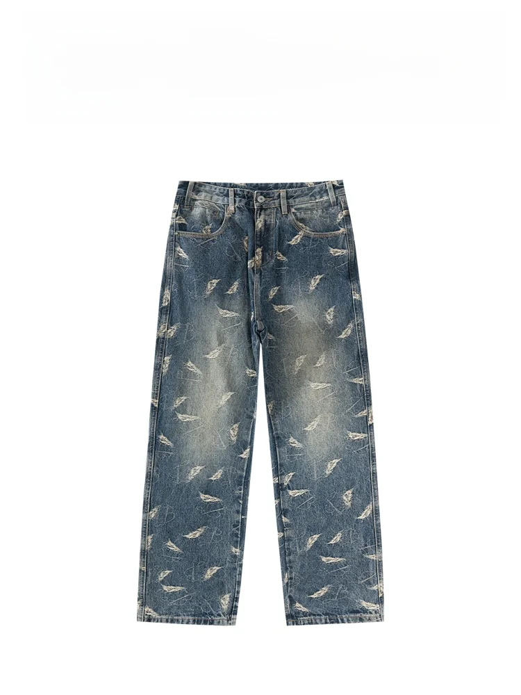 

BAIRBAOLIY American Sle Floral Design Loose Straight Leg Jeans Casual Long Trousers for Men Faionable Autumn Winter Cotto...