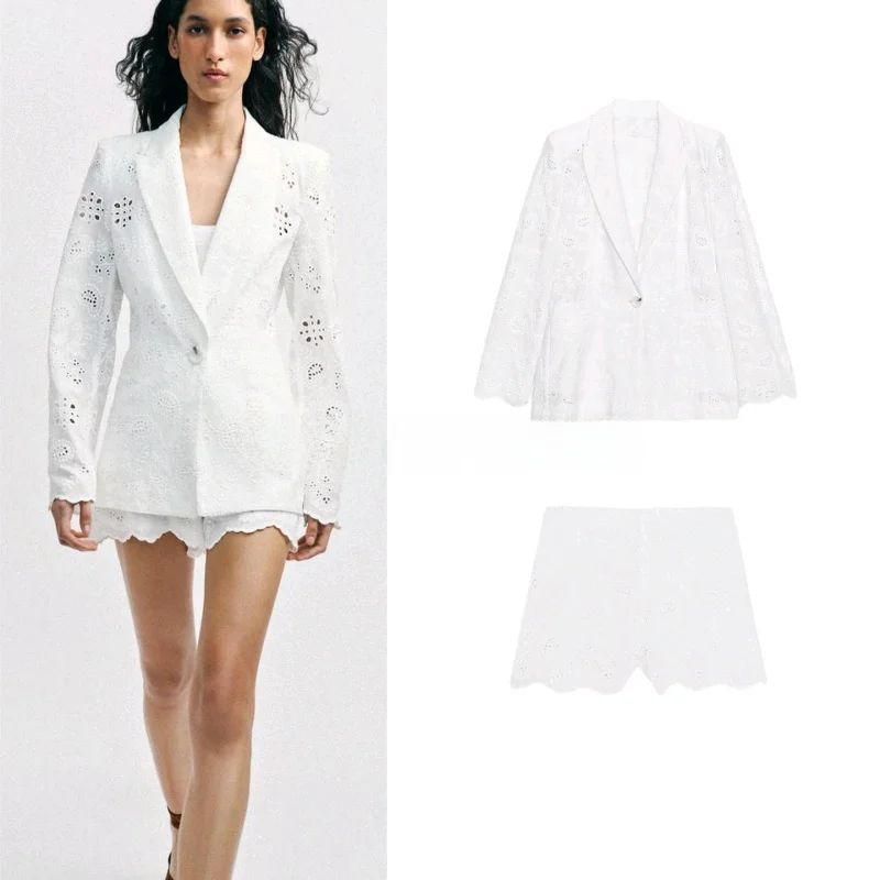 

Women's Slim Fit Suit Jacket with Shoulder Pads Long Sleeve Hollow out Embroidery Casual Shorts Two Piece Set Spring Summer