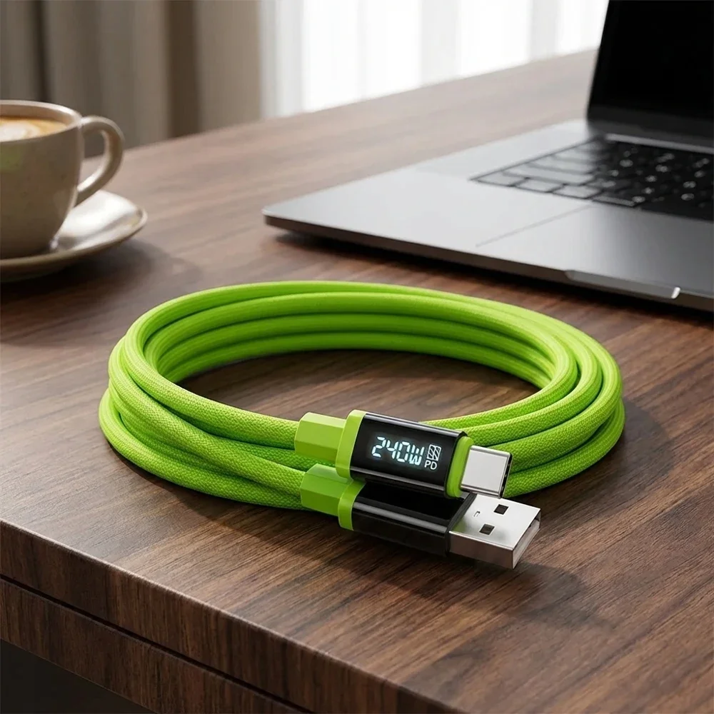 2-Piece 240W Fast Charging USB Type-C Cable with LED Digital Display High-speed Data Transfer Cord Heavy Duty Durable Charger Ca