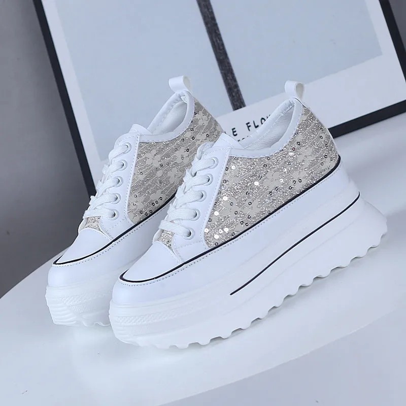 2024 Women\'s Sneakers Spring Sequined Casual Shoes Women Platform Heels Wedges Height Increasing Vulcanized Shoes 9cm