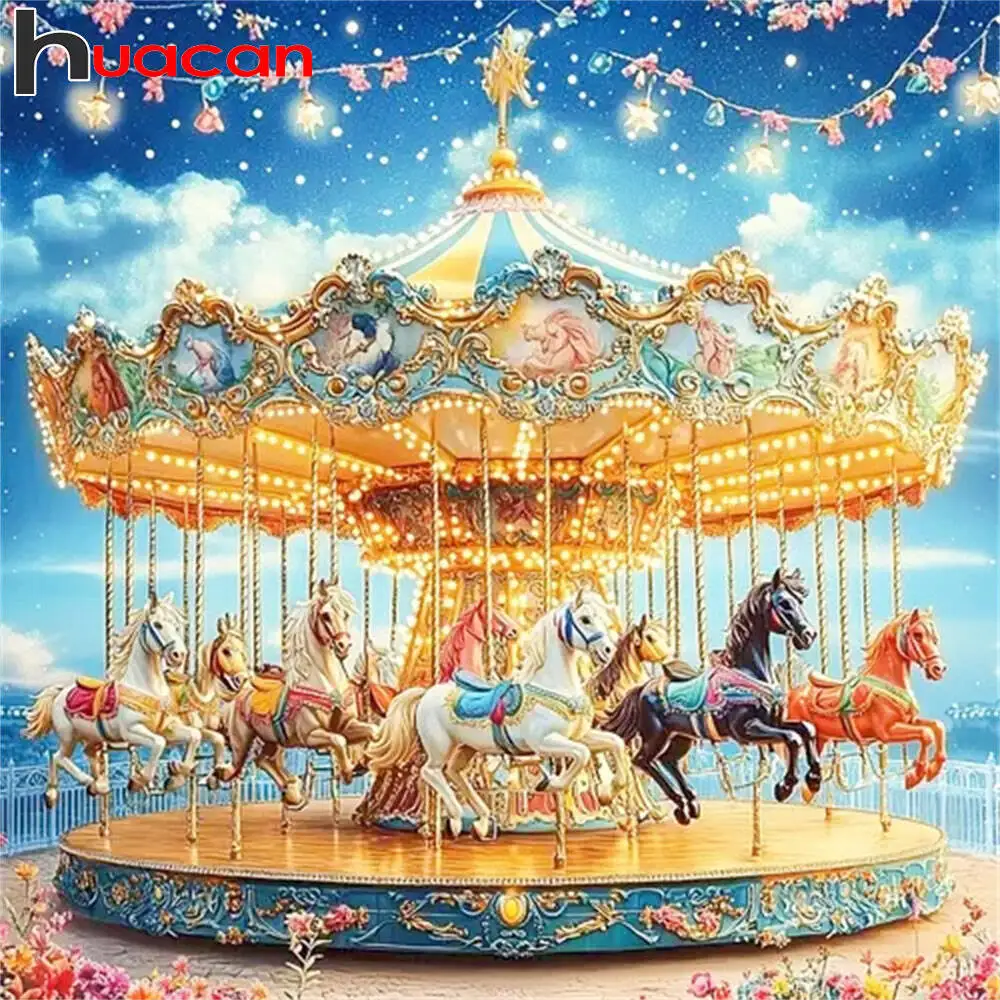 Huacan 5D DIY Diamond Painting Dreamy Carousel Full Square Round Drill Mosaic Embroidery New Collection 2025 Home Decor
