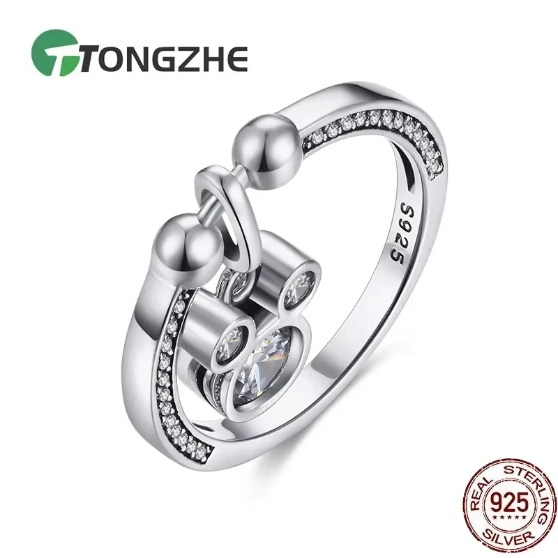 TONGZHE Cute Mickey 925 Silver Sterling Ring  For Women Mouse Pendant Charm CZ Fashion Jewelry