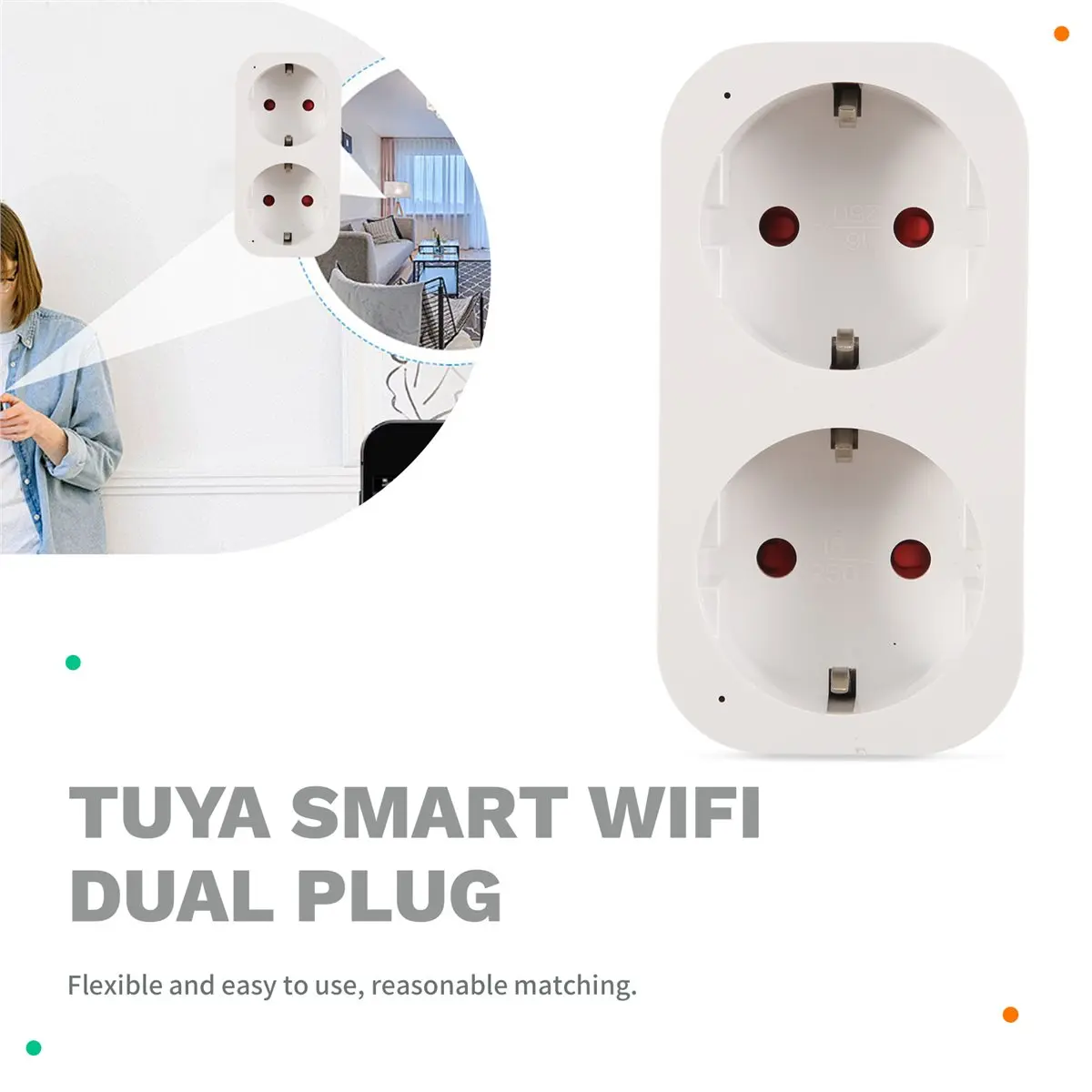 ABZJ TUYA Smart Wifi Dual Plug 16A 2-in-1 Socket Outlet Switch Smart Home Timing APP Voice Control Work CLY809 EU Plug