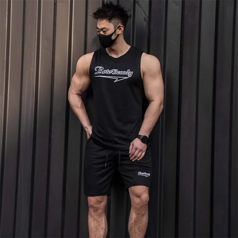 2024 casual sport suit men running fitness vest+Shorts two-piece set loose quick drying  basketball training tracksuit Man\'s set