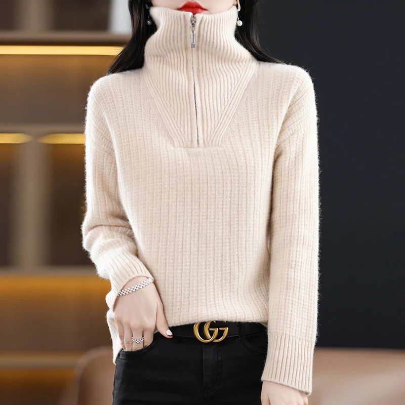 100% Wool Zipper Casual Fashion New Style Women\'s Cashmere Turtleneck Loose Pullover Ladies thickening Sweater Christmas