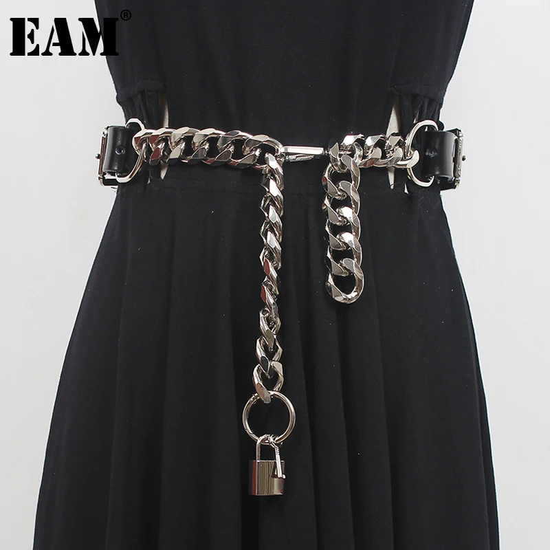 [EAM] Pu cuero negro grueso cadena de Metal cinturón largo ancho personalidad mujer nueva moda marea todo-fósforo primavera otoño 2025 1DD9566