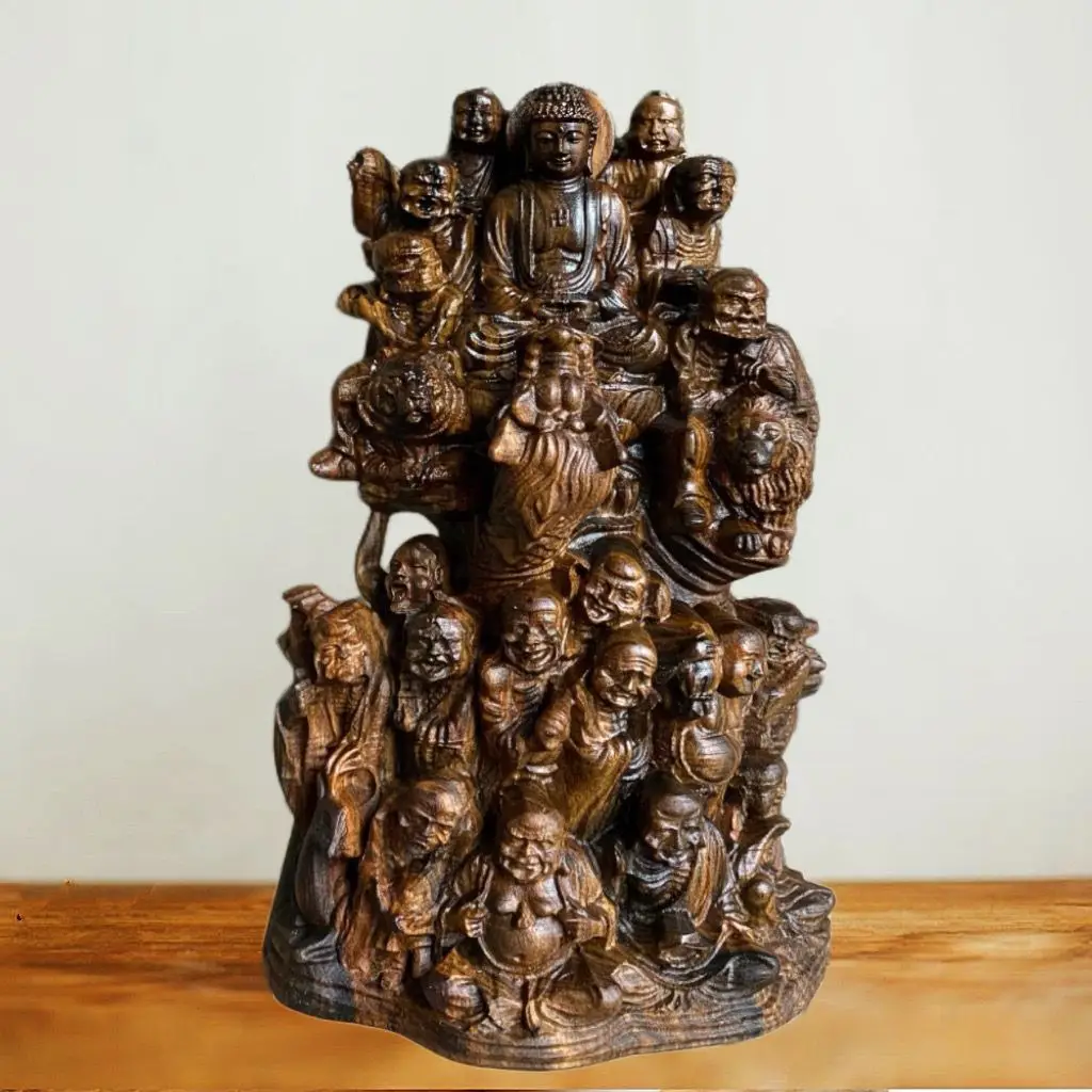 

Dalagan incense wood carved eighteen arhats Buddha statue fall dragon fu tiger venerable living room figure home decoration