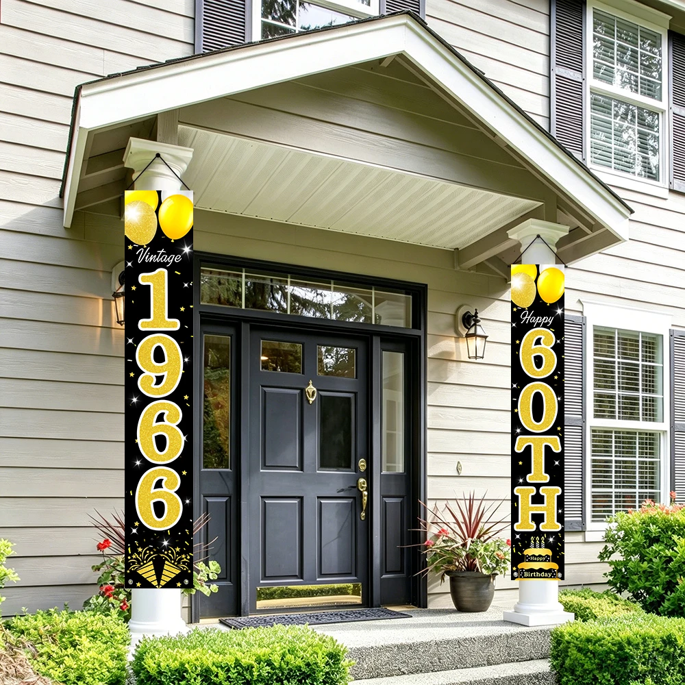 Schwarz-Gold Retro 60. Geburtstag Türschild-Set, Vintage 1966 Themenbanner „Prost auf 60 Jahre“ für die Veranda mit Ballon- und Kuchenmotiven – Detail 4
