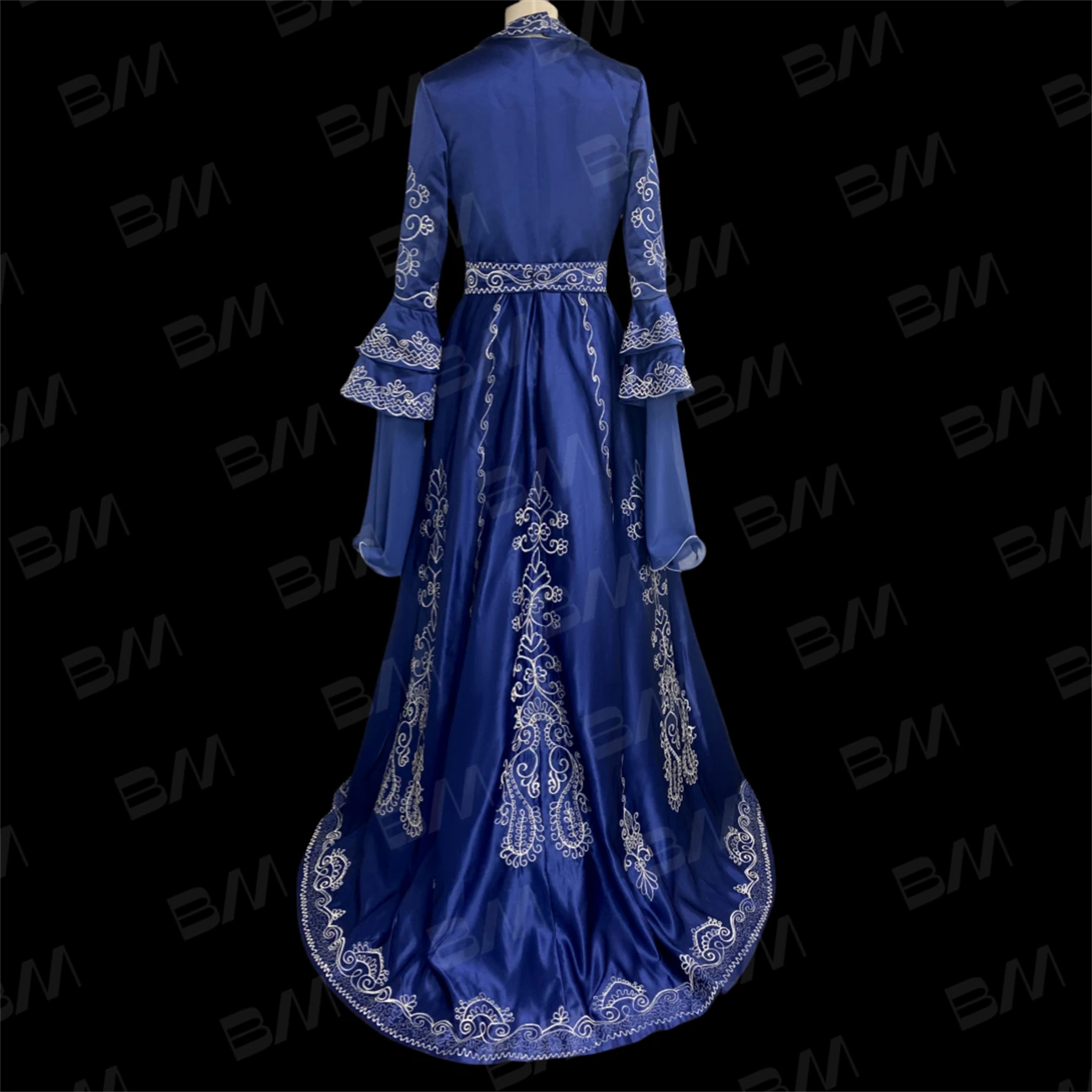 Morocco Formal Dress with Long Flare Sleeves, Muslim Embroidery Satin Prom Dress Party Gown Long Arabic Caftan Traditional Dress