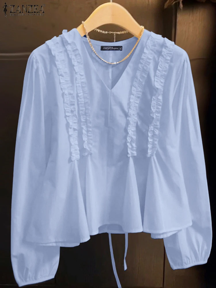 

ZANZEA 2025 Осенняя офисная рубашка женская элегантная блузка с v-образным вырезом и длинным рукавом стильные однотонные рабочие рубашки OL повседневные праздничные топы туника