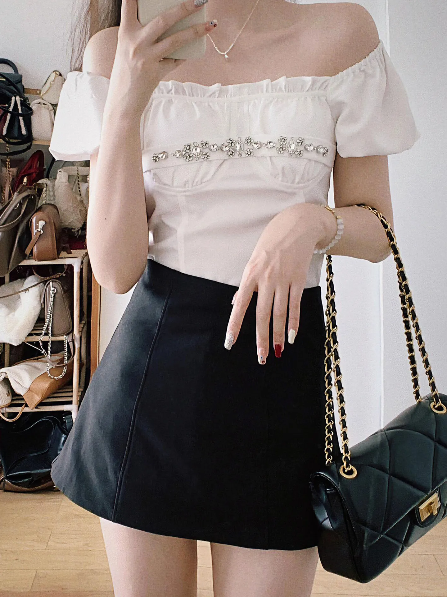 

Heavy Rhinestone A-Line Skirt And oulder Top Set Women's Summer Slimming Two-Piece Set Faionable Modern Sle Bubble Sve