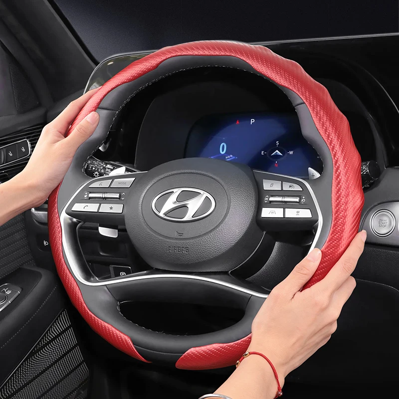 Adequado para hyundai textura de fibra de carbono capa de volante em forma de onda design esportivo escudo protetor para elantra n sonata ioniq 5 5n 6 9 i30 i20 local kona santa cruz tucson santa fe palisade e outros m