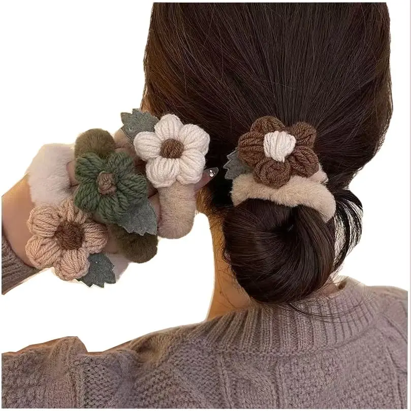 

Elastic Hair Ties No Damage Rubber Bands for Women, 4pcs Flower Scrunchies in Brown, White, Beige, Green