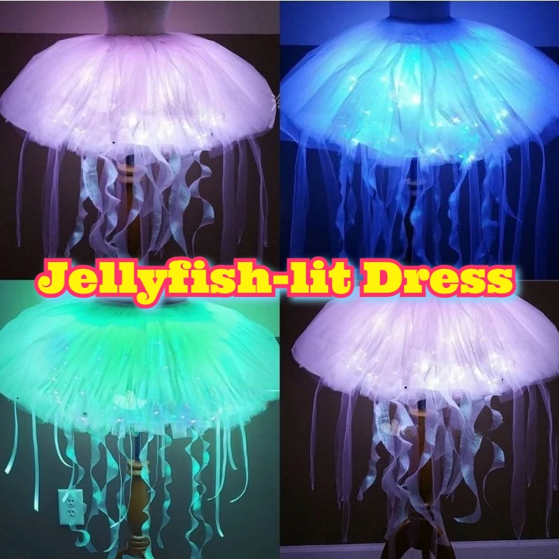 Glowing LED Dress Jellyfish Rabbit Pattern Light Up Luminous Skirt Warm Comfortable Outfit Music Festival Club Disco Party Rave