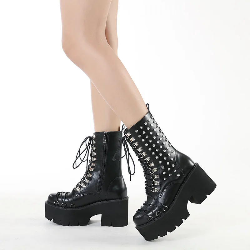 

Новые женские мотоциклетные ботинки ручной работы в стиле панк Mori Girl Lady Lolita Boots, женские высокие ботинки на платформе, модные заклепки, готические темные 8 см