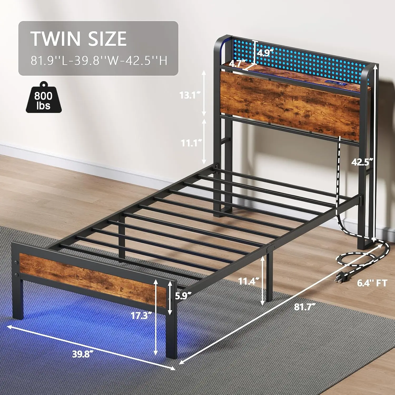 

Twin Bed Frame with LED Lights and Charging Station Bedframe with Storage Headboard Metal Platform Bed with Under Bed Storage