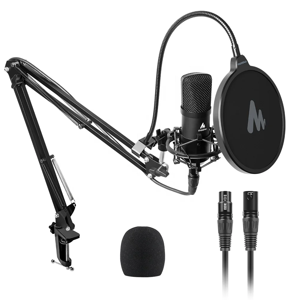 MAONO All Black Wired Microphone Kit for Multiple Devices Professional XLR Condenser Microphones