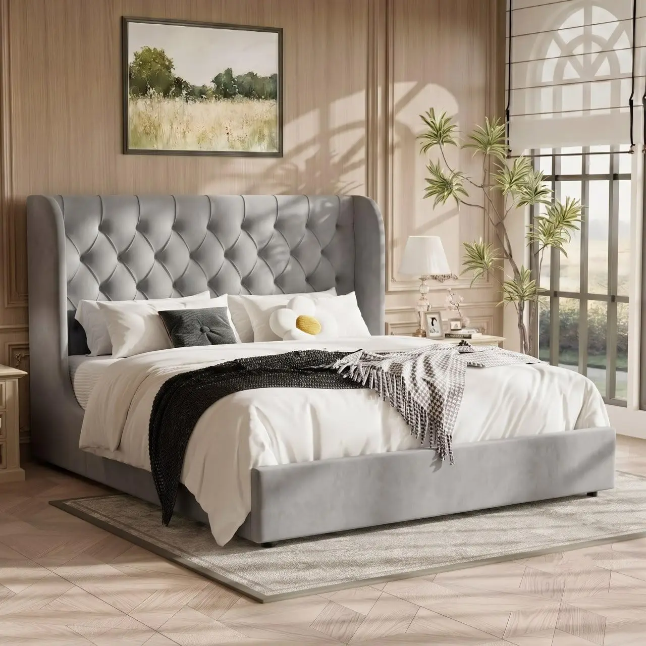 Velvet Tufted Wingback Platform Bed King, Upholstered Curved Headboard, Wood Slats No Box Spring Noise-Free Easy Assembly, Custo