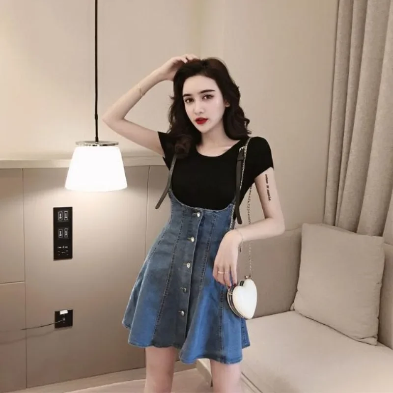 Commuting Black Cotton 2 Pieces Sets for Women Midi Ruffles Night Club Mature Dress Short Sleeve Sexy Woman Outfit Korea Stylish