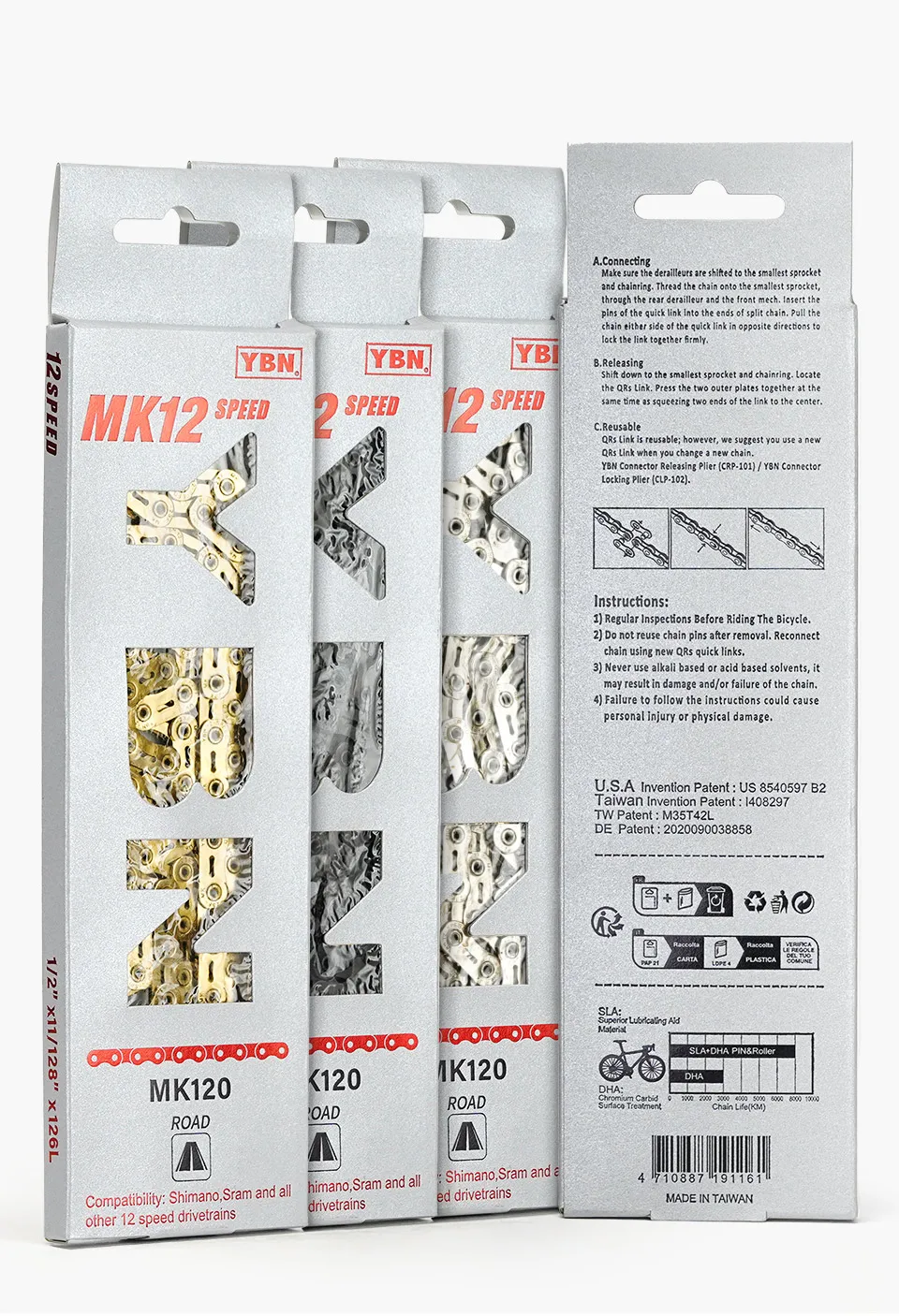 YBN 12-Gang-Fahrradkette MK120 Flattop-Kette Ultralig Rennrad 126 Link Hollow Oil Slick Titanbeschichtung für Shimano DA Sram RED – Detail 4