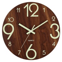 Silent 12 Inch Luminous Wall Clock Wood Grain Fashion Digital Clock Battery Operated Round Quartz Wall Clock Wall Decor
