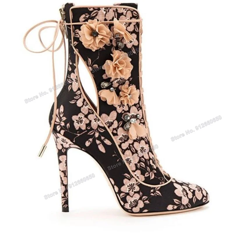 Moraima Back Zipper Lace Up Flower Decor Boots for Women Black Blue Mixed Color Fashion Runway Shoes Wedding Shoes on Heels