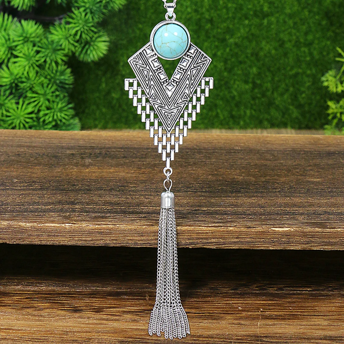 Ethnic Blue Stone Retro Chain Tassel Long Necklace Earring Turkish Gypsy Silver Color Geometric Carved Necklace for Women Party