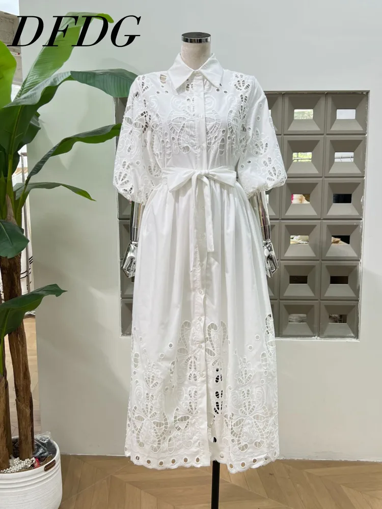 DFDG Vestidos de mujer informales con solapa suave y bordado con botones recortados en la parte delantera, manga corta, estilo bohemio, verano y primavera 2025