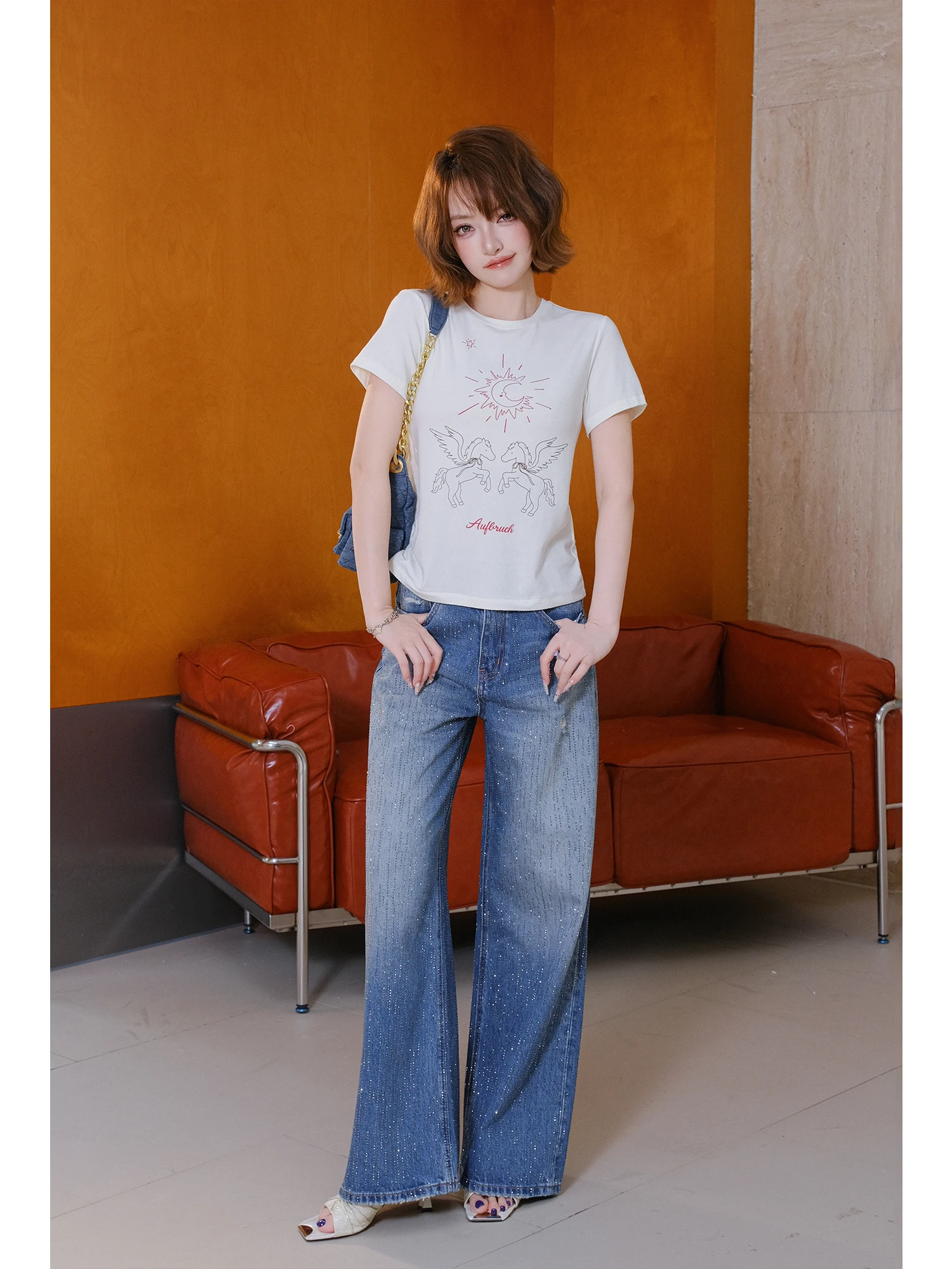 

MIUCO Retro High Waist Wide Leg Diamond Embellished Distressed Straight Cut Jeans Women Loose Slimming Drapey Long Trousers