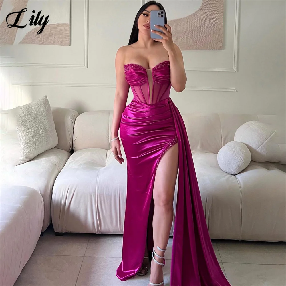 Lily Fuchsia Prom Dress Sweetheart Sleeveless Evening Dress With Sheer Corset Satin Party Dress Sexy Side Split Trumpet 프롬드레스