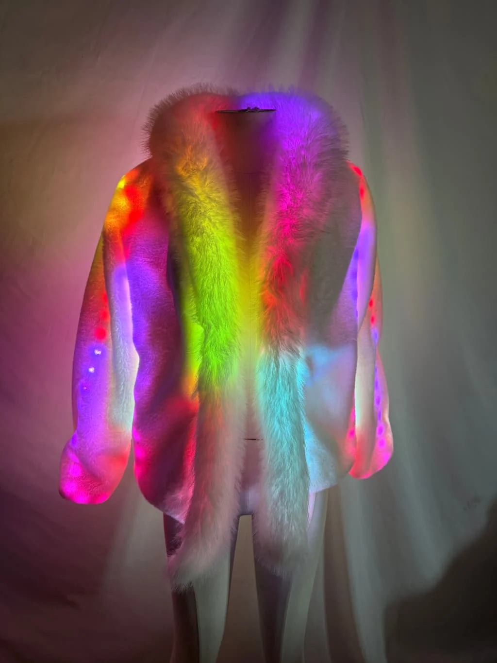 LED Light Up Rainbow Faux Fur Coat, Glow in The Dark Fluffy Fur Jacket for Women/Men, Neon Rave Outfit Halloween Christmas Costu