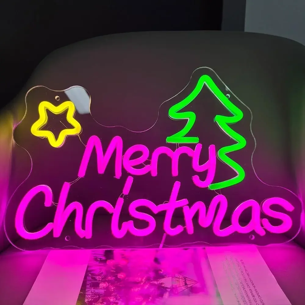 Merry Christmas Neon Sign Pink Cursive Green Tree Yellow Star LED Wall Art Acrylic USB Dimmable Light for Xmas Holiday Bar Decor